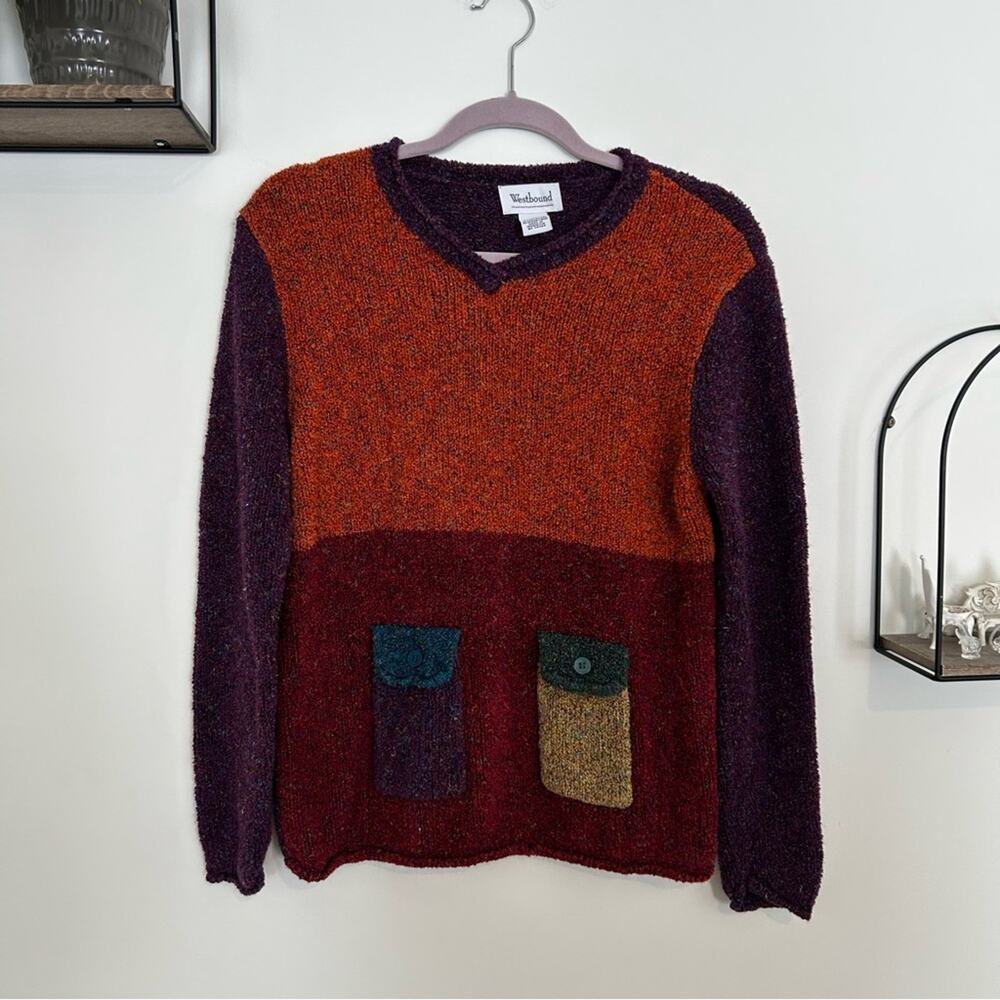Vintage Westbound Color Block V Neck Long Sleeve Sweater Size Small